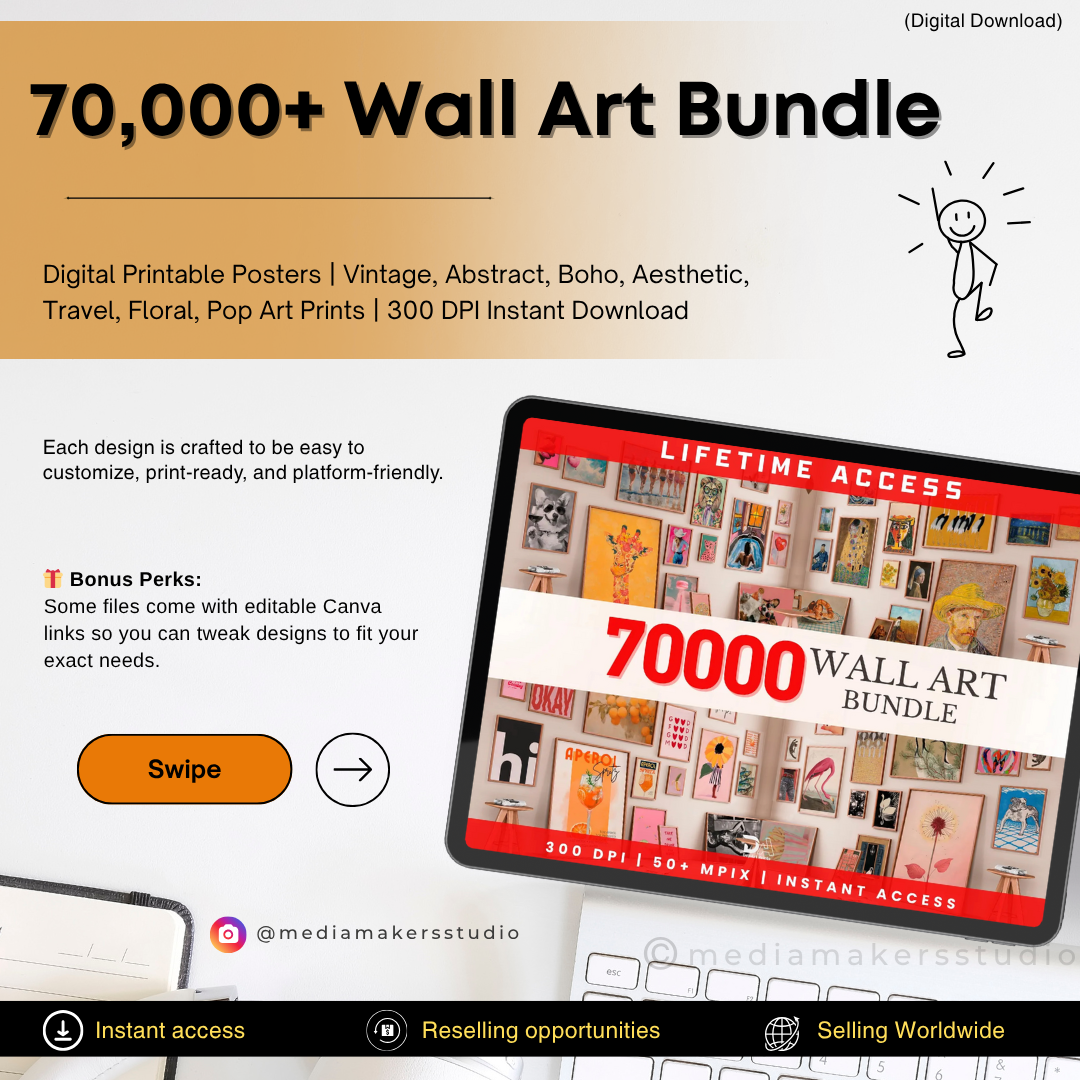 70,000+ Wall Art Bundle | Digital Printable Posters | Vintage, Abstract, Boho, Aesthetic, Travel, Floral, Pop Art Prints | 300 DPI Instant Download