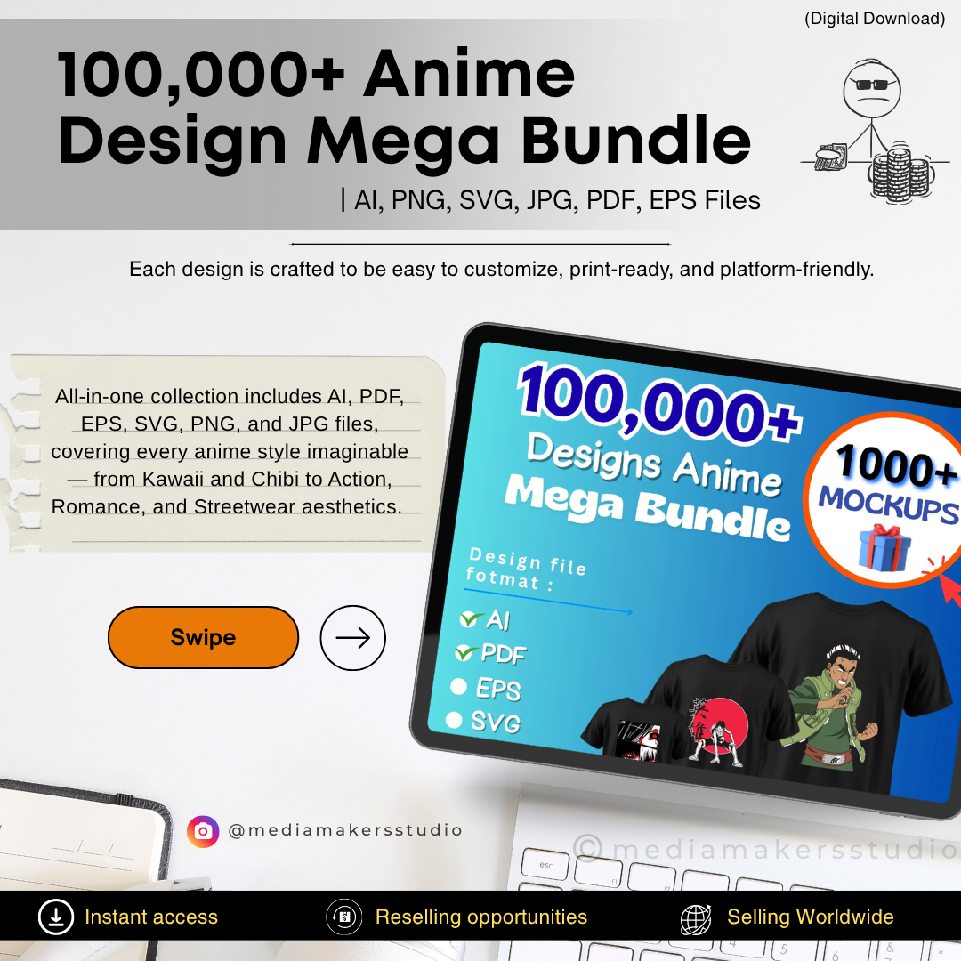 100,000+ Anime Design Mega Bundle | AI, PNG, SVG, JPG, PDF, EPS Files | Kawaii, Chibi, Streetwear & Otaku Designs for POD, Merch, and Digital Products