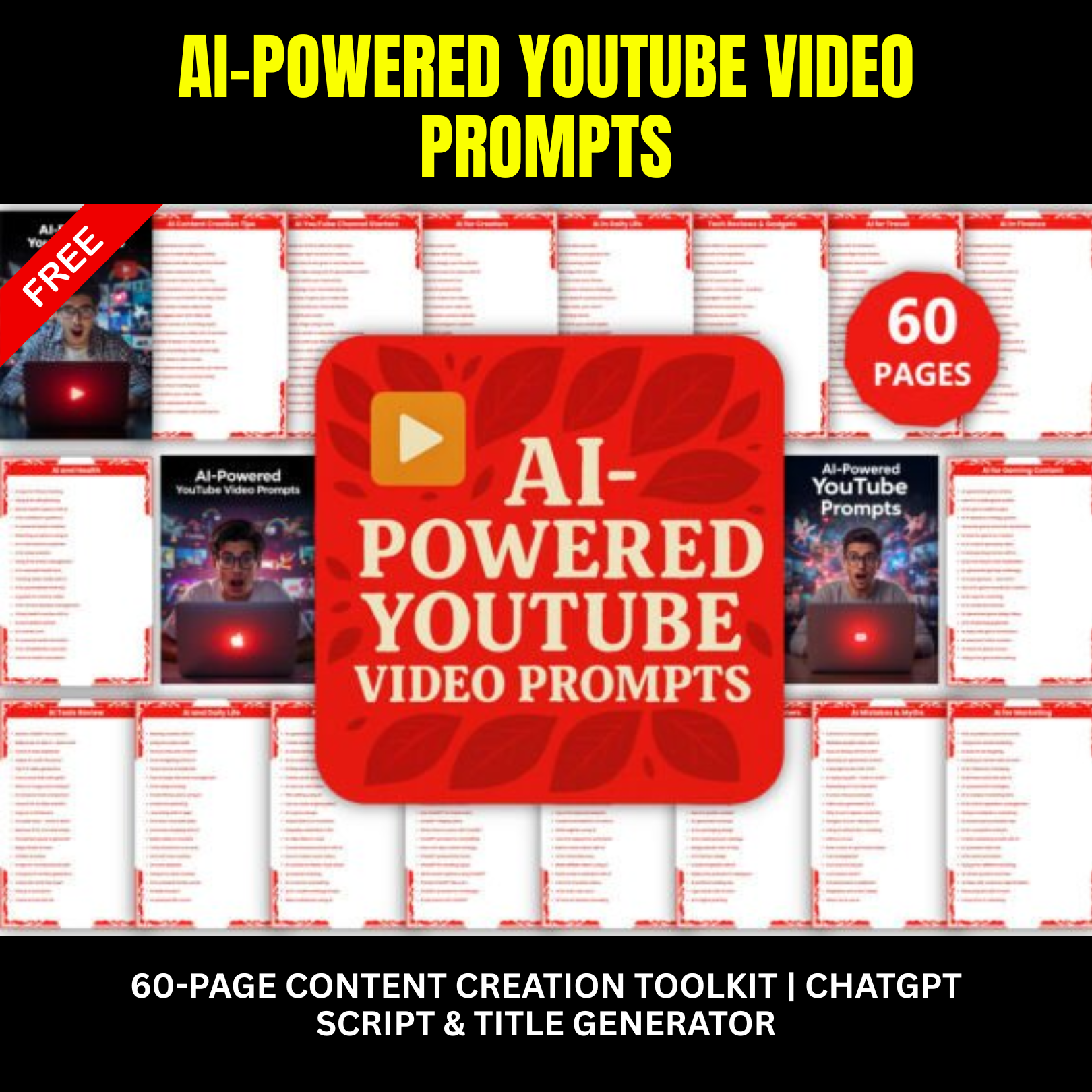 AI-Powered YouTube Video Prompts | 60-Page Content Creation Toolkit | ChatGPT Script & Title Generator | Niche Ideas, SEO, Shorts & Reels Strategy Guide | Printable PDF + JPG