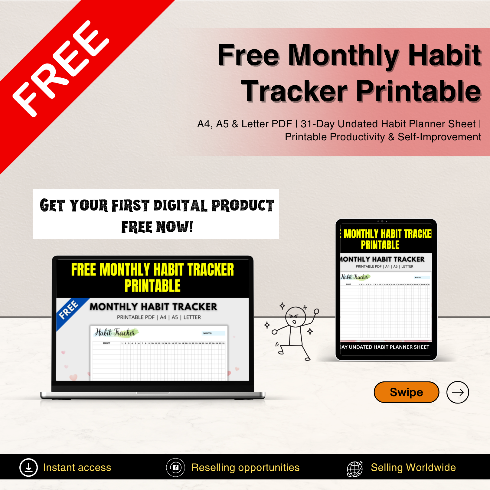Free Monthly Habit Tracker Printable | A4, A5 & Letter PDF | 31-Day Undated Habit Planner Sheet | Printable Productivity & Self-Improvement Template