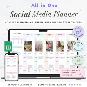 All-in-One Social Media Content Planner | Google Sheets Digital Marketing Calendar & Task Tracker | 12-Month Automated Scheduler | Ideal for Instagram, TikTok & YouTube Creators