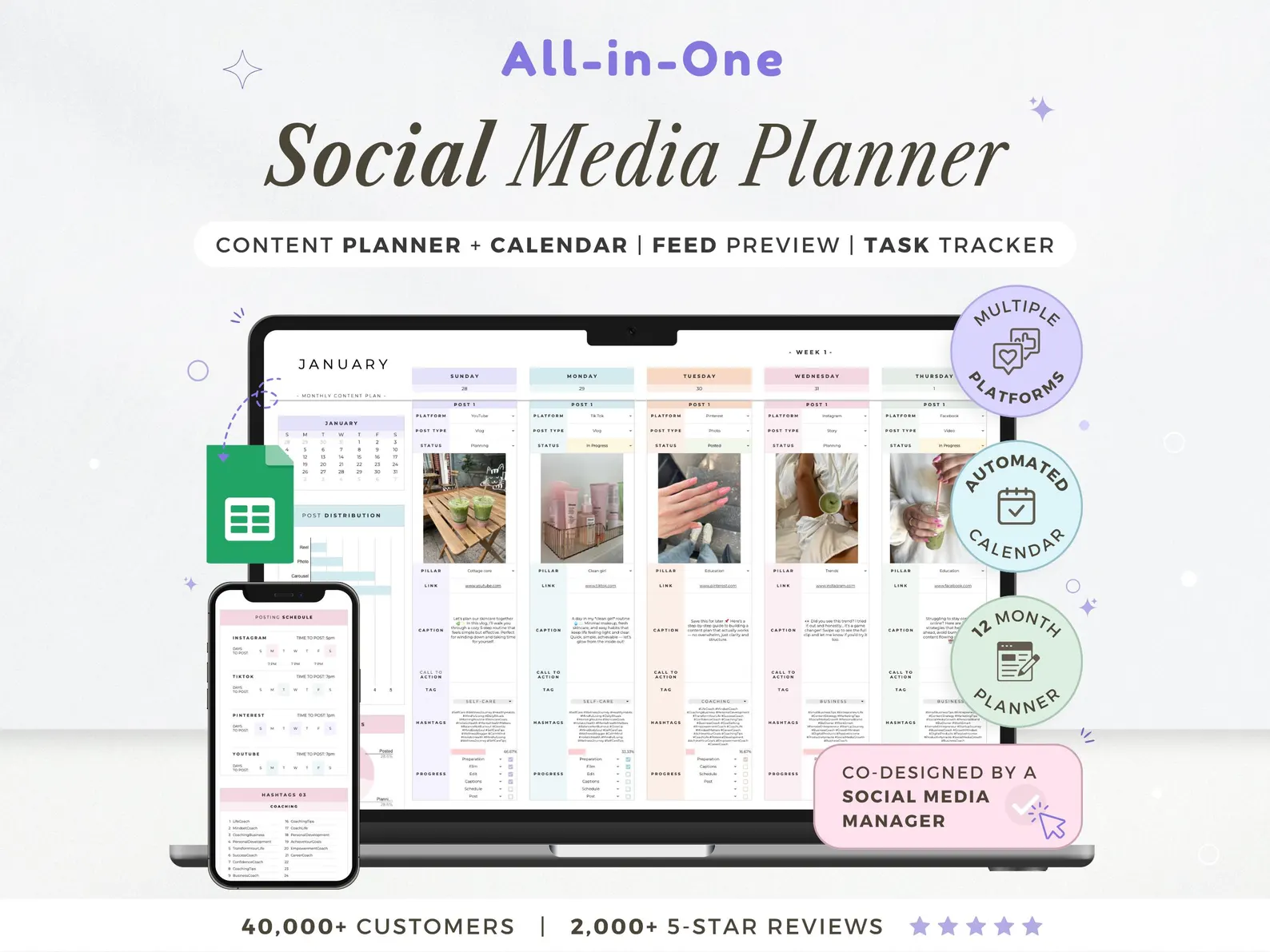 All-in-One Social Media Content Planner | Google Sheets Digital Marketing Calendar & Task Tracker | 12-Month Automated Scheduler | Ideal for Instagram, TikTok & YouTube Creators