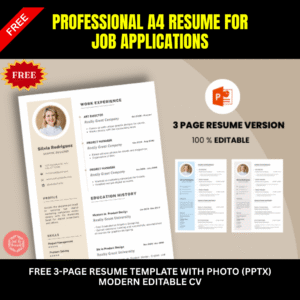Free 3-Page Resume Template with Photo (PPTX) | Modern Editable CV | Professional A4 Resume for Job Applications | Instant Digital Download